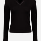Cotton Rib Long Sleeve V-Neck with Monili Trim Top (14639776268651)