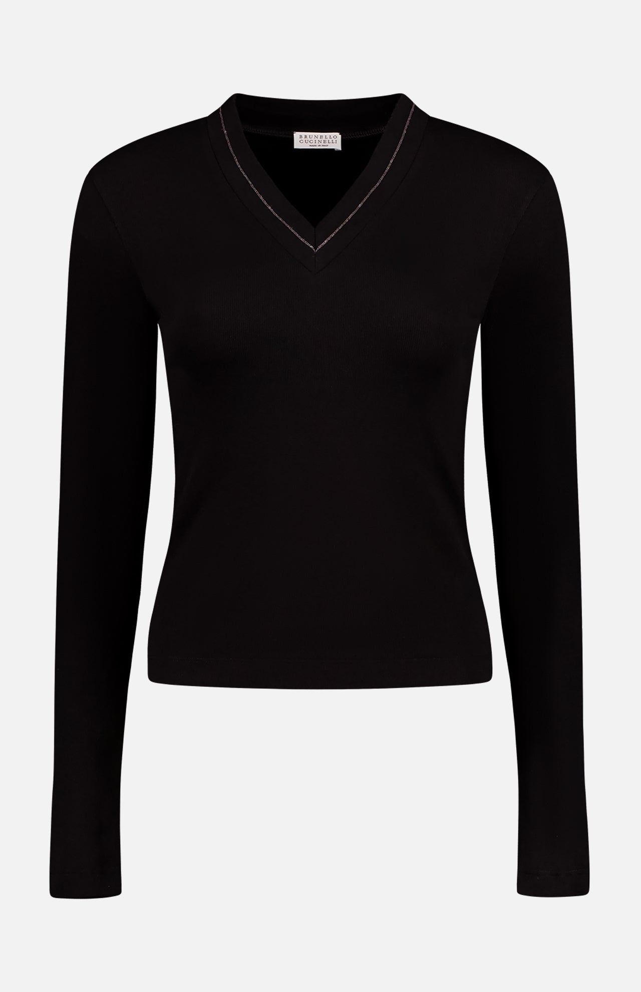 Cotton Rib Long Sleeve V-Neck with Monili Trim Top (14639776268651)