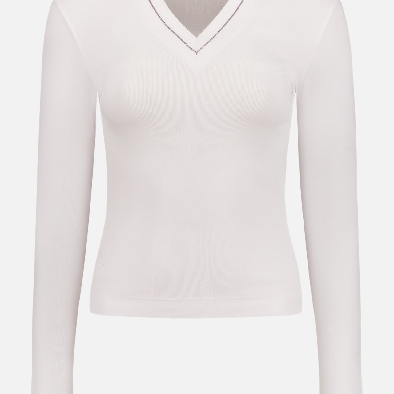 Cotton Rib Long Sleeve V-Neck with Monili Trim Top (14639776301419)