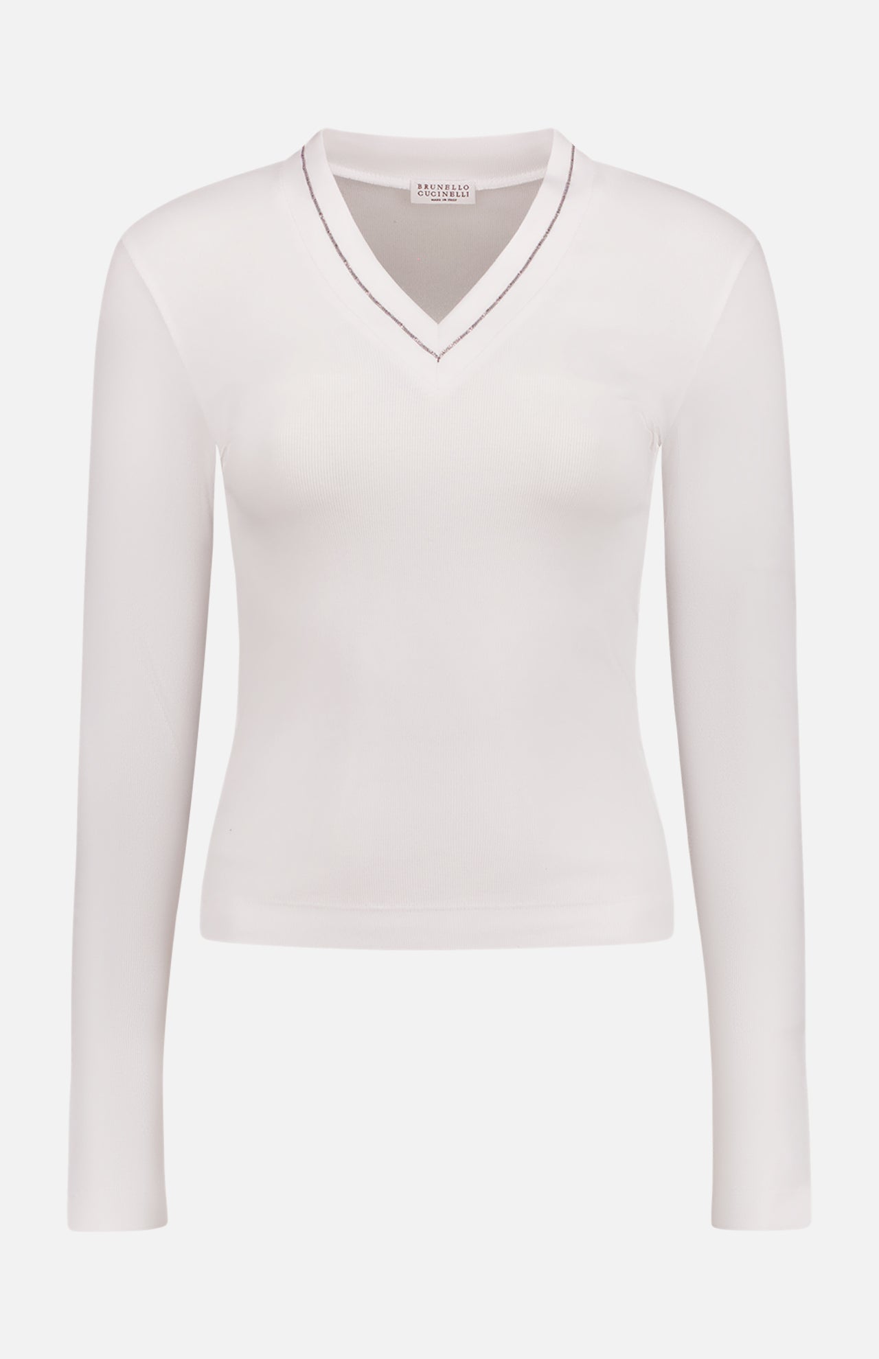 Cotton Rib Long Sleeve V-Neck with Monili Trim Top (14639776301419)