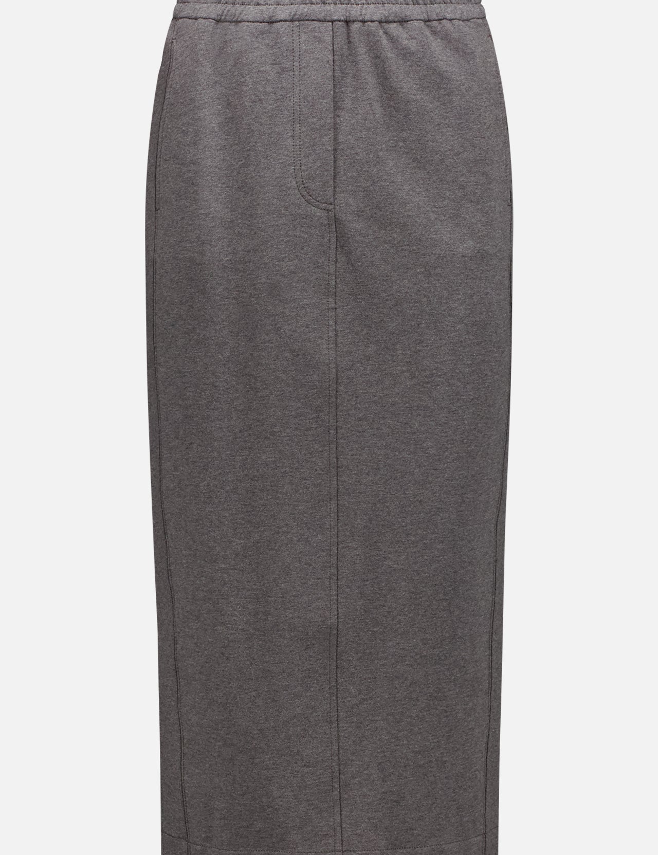 The BRUNELLO CUCINELLI Cotton Skirt is a knee-length, straight-cut dark grey skirt in stretch cotton fleece with an elastic waistband and subtle vertical seams, shown against a plain white background.