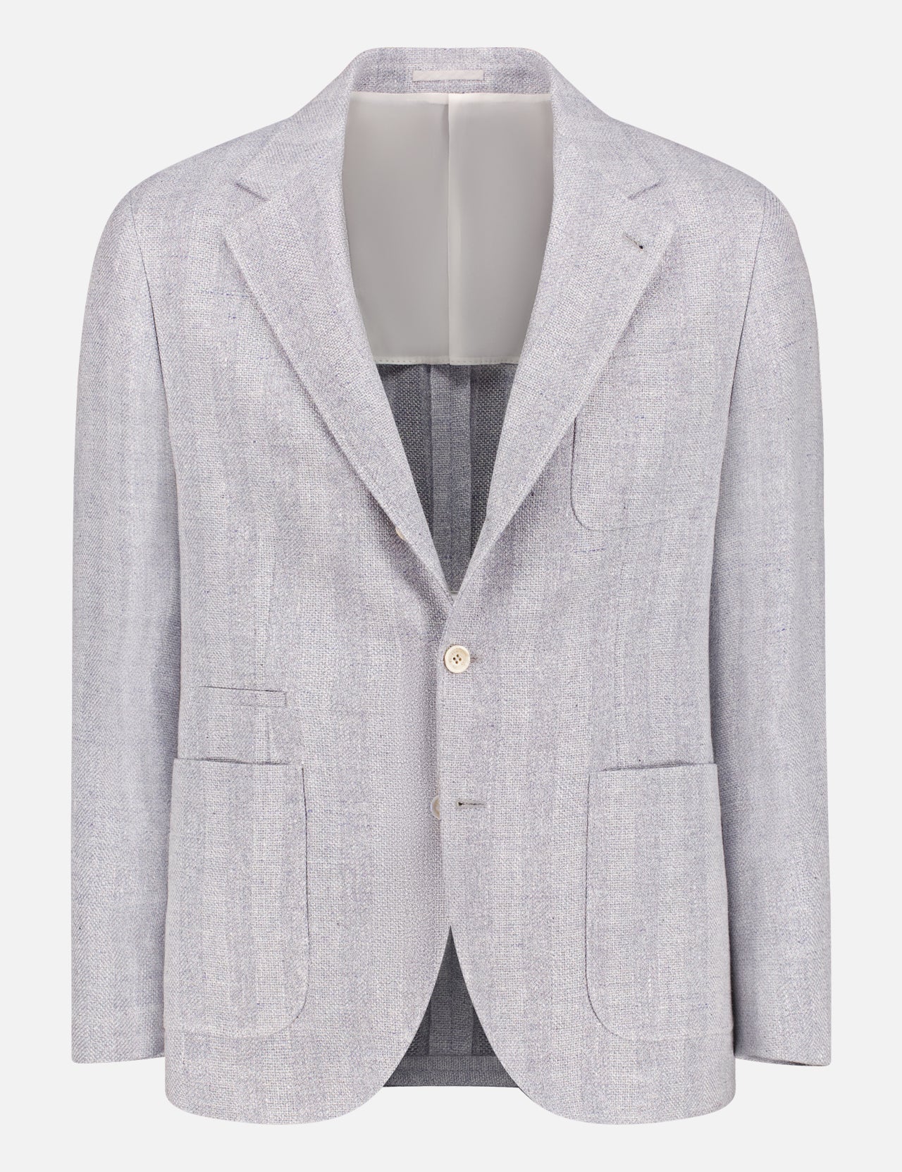 The Deconstructed Jacket by BRUNELLO CUCINELLI is crafted in Italy from a luxurious linen, silk, and wool blend with notch lapels, two buttons, patch pockets, and a chest pocket. Shown on a plain white background.