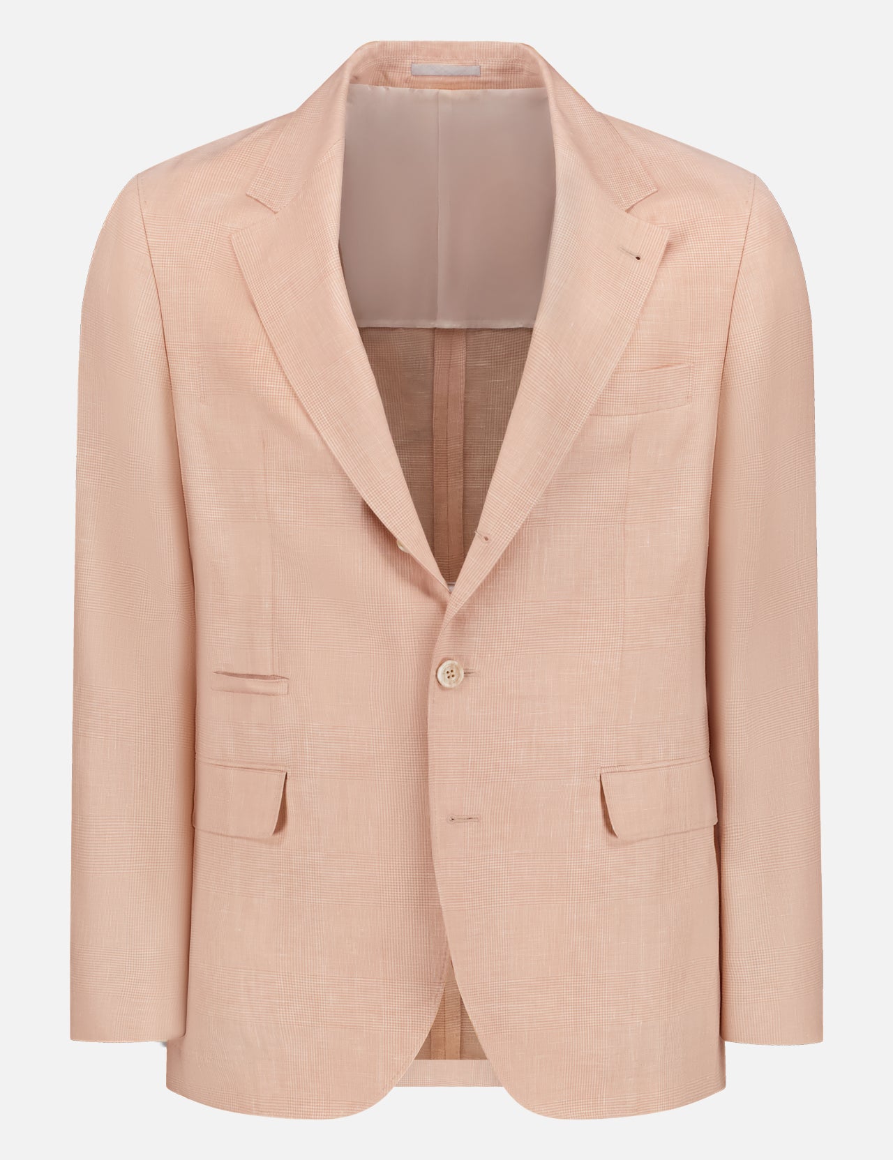 The BRUNELLO CUCINELLI Deconstructed Wool Linen Silk Jacket, in light peach, is a single-breasted sportcoat with notched lapels, one front button, flap side pockets, and a chest pocket, displayed on a white background.