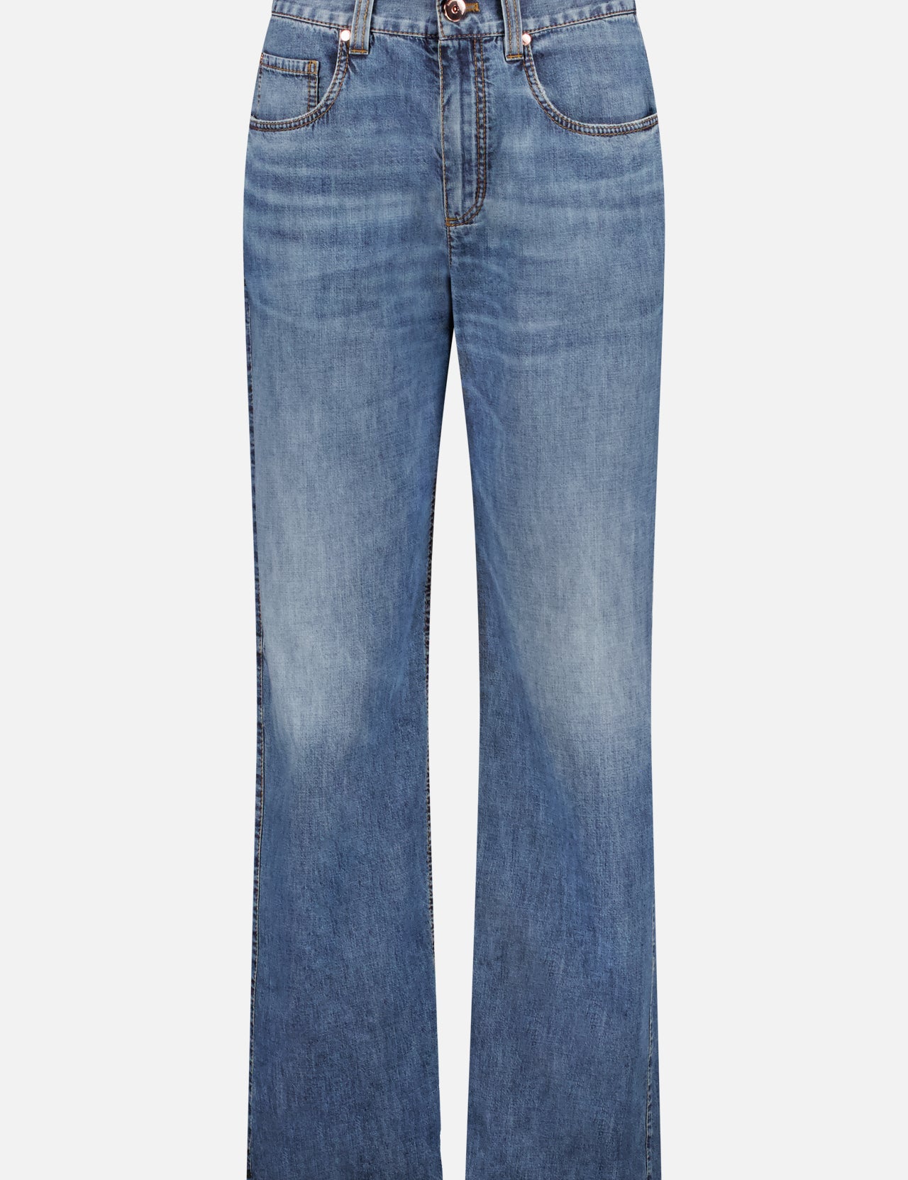 BRUNELLO CUCINELLI Relaxed Straight Leg Denim Pants feature a button and zipper closure, front and back pockets, and subtle thigh fading for a vintage-inspired denim style.