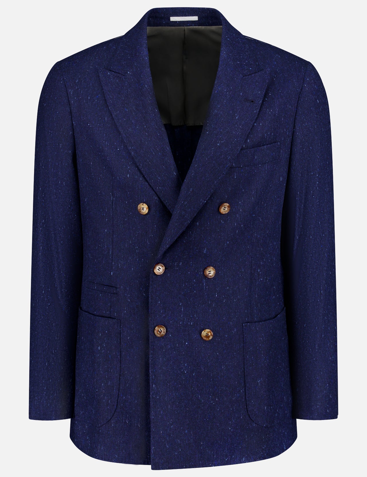 The BRUNELLO CUCINELLI Double Breasted Solomeo Shoulder Sportcoat is a navy blue wool-cashmere blazer with a speckled finish, brown buttons, notch lapels, and patch pockets. Made in Italy, shown on a white background.