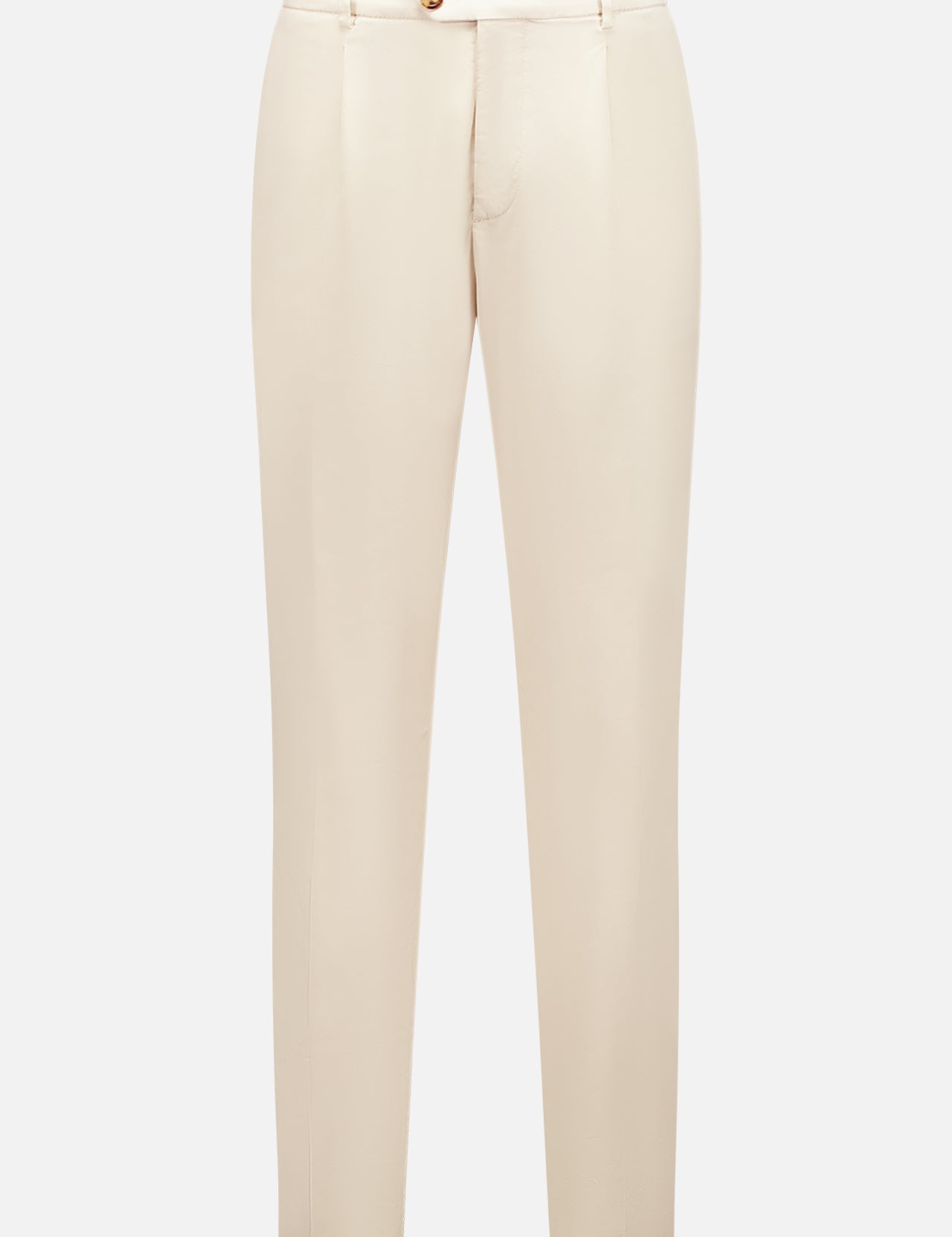 BRUNELLO CUCINELLI Dyed Pants: Beige straight-leg taupe pants with button and zipper closure, belt loops, and front pleats for a relaxed leisure fit.