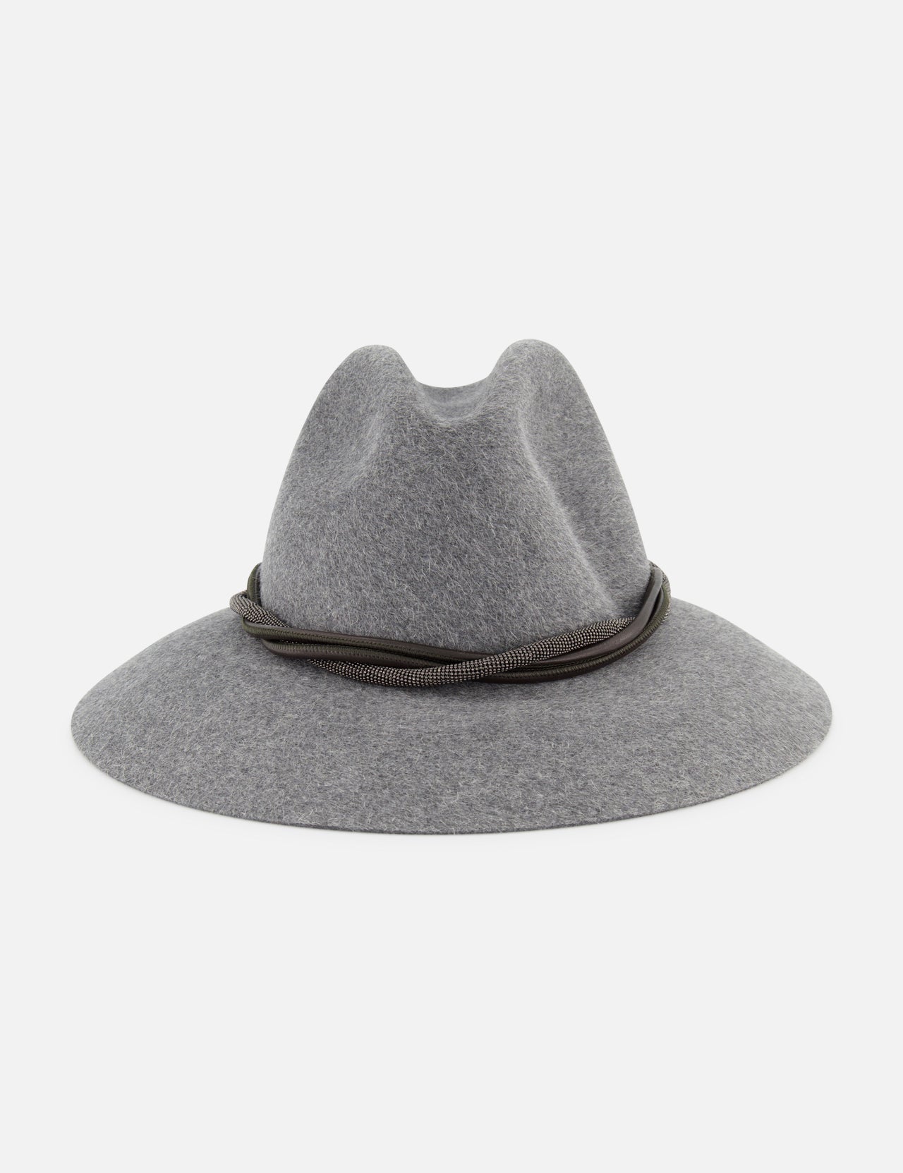 The BRUNELLO CUCINELLI Monili Trimmed Felt Hat features a wide brim, light gray felt, a soft crown, and a dark braided trim. The elegant hat is shown against a plain white background.