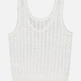 The BRUNELLO CUCINELLI Linen Charming Cable Scoop Neck Tank Top is a white, sleeveless knit, featuring a fitted design with textured cable patterns and subtle sparkling embellishments, shown laid flat on a white background.