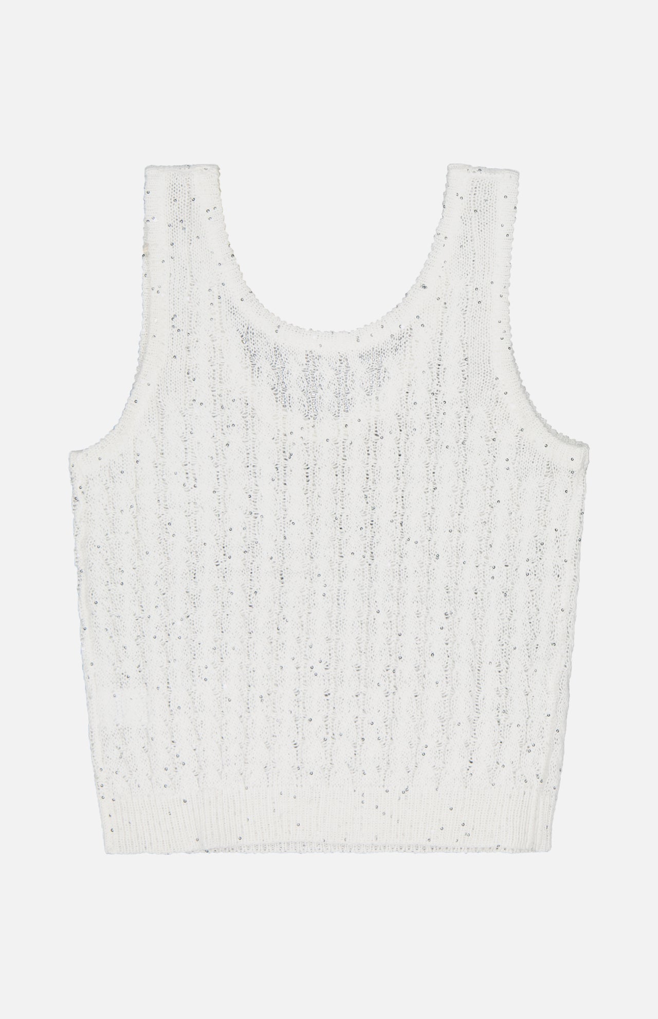 The BRUNELLO CUCINELLI Linen Charming Cable Scoop Neck Tank Top is a white, sleeveless knit, featuring a fitted design with textured cable patterns and subtle sparkling embellishments, shown laid flat on a white background.