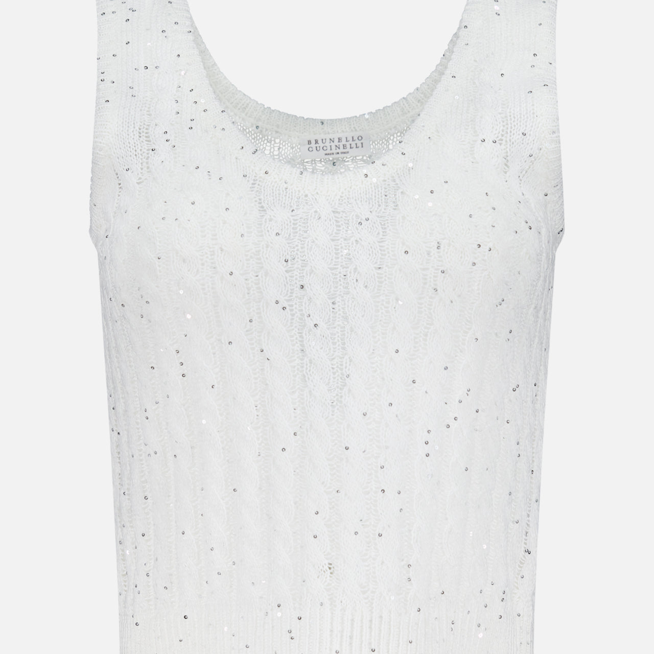 The BRUNELLO CUCINELLI Linen Charming Cable Scoop Neck Tank Top is a sleeveless white top with a cable knit pattern, silver sequin embellishments, and a fitted design for a flattering look.