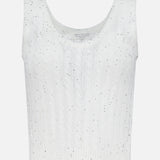 The BRUNELLO CUCINELLI Linen Charming Cable Scoop Neck Tank Top is a sleeveless white top with a cable knit pattern, silver sequin embellishments, and a fitted design for a flattering look.
