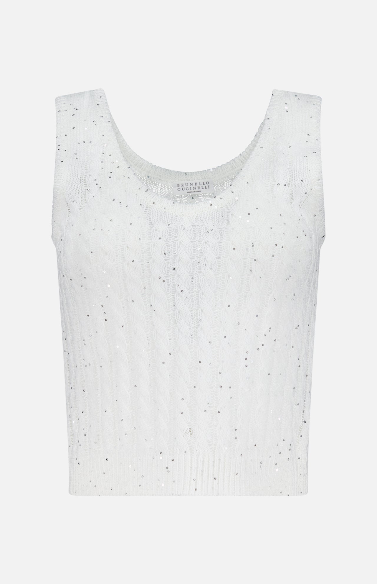 The BRUNELLO CUCINELLI Linen Charming Cable Scoop Neck Tank Top is a sleeveless white top with a cable knit pattern, silver sequin embellishments, and a fitted design for a flattering look.