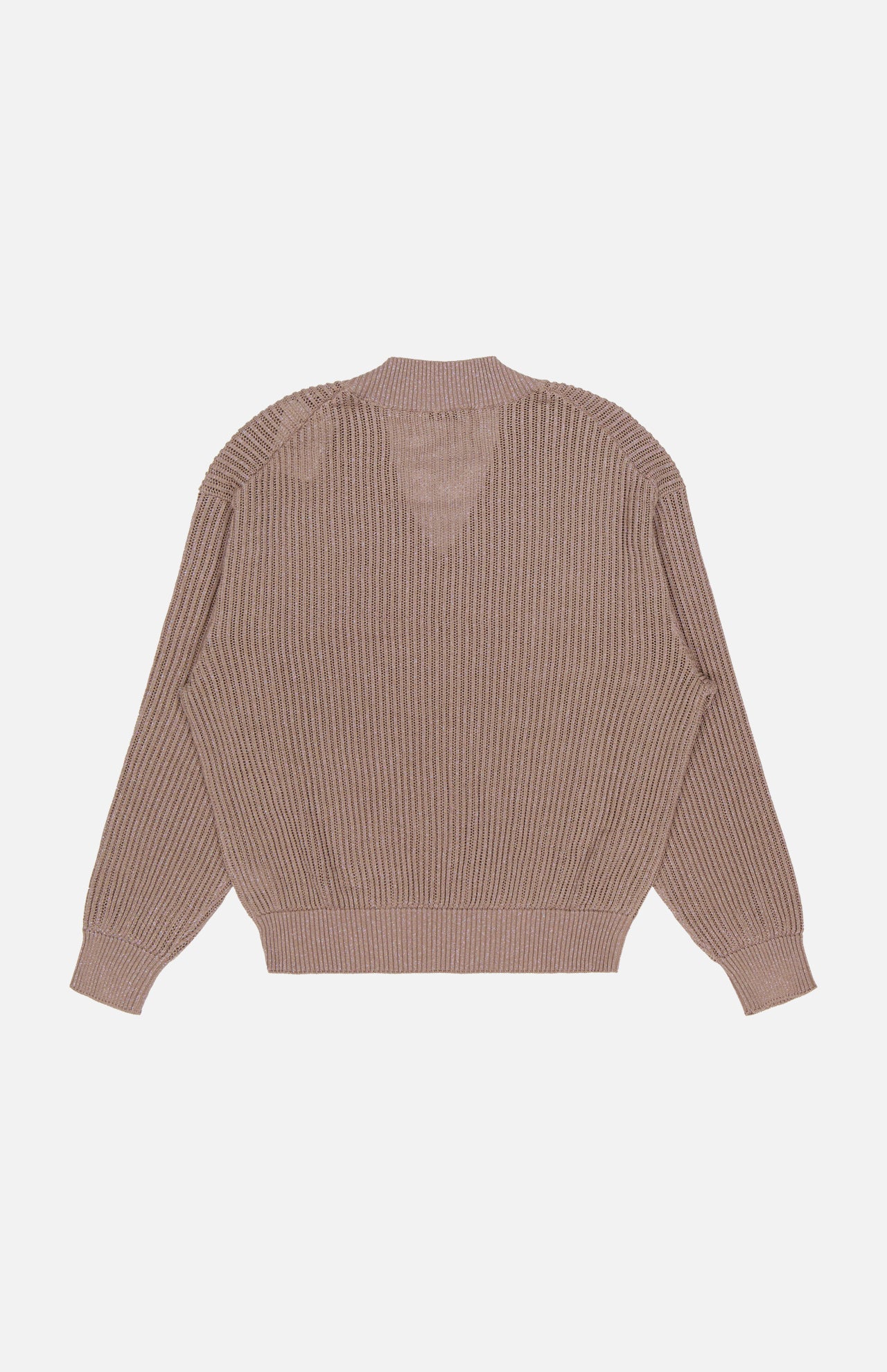 The BRUNELLO CUCINELLI Lurex Cotton Echo Long Sleeve Pullover Sweater in taupe is shown laid flat, back up, with a crew neck, dropped shoulders, ribbed knit texture, and a straight hem.