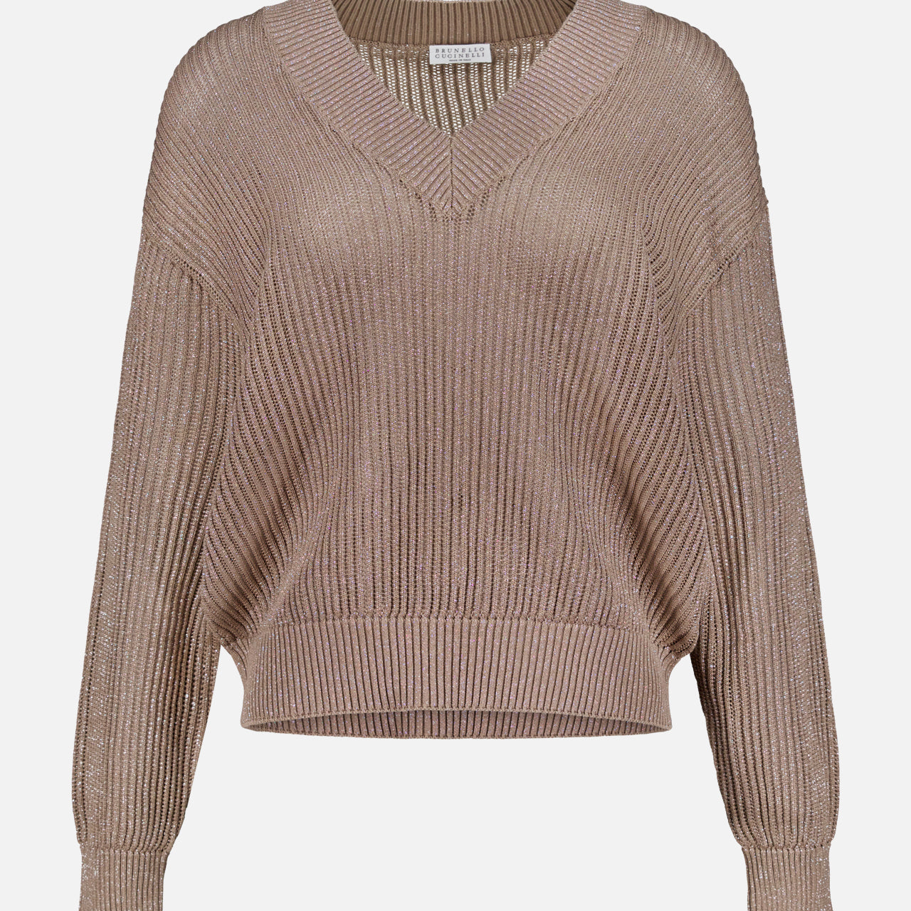 The BRUNELLO CUCINELLI Lurex Cotton Echo Long Sleeve Pullover Sweater features a taupe ribbed lamé cotton knit, V-neckline, and dropped shoulders, shown against a white background.