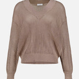 The BRUNELLO CUCINELLI Lurex Cotton Echo Long Sleeve Pullover Sweater features a taupe ribbed lamé cotton knit, V-neckline, and dropped shoulders, shown against a white background.