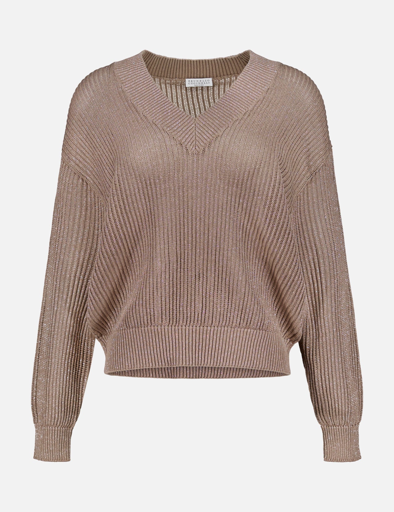 The BRUNELLO CUCINELLI Lurex Cotton Echo Long Sleeve Pullover Sweater features a taupe ribbed lamé cotton knit, V-neckline, and dropped shoulders, shown against a white background.
