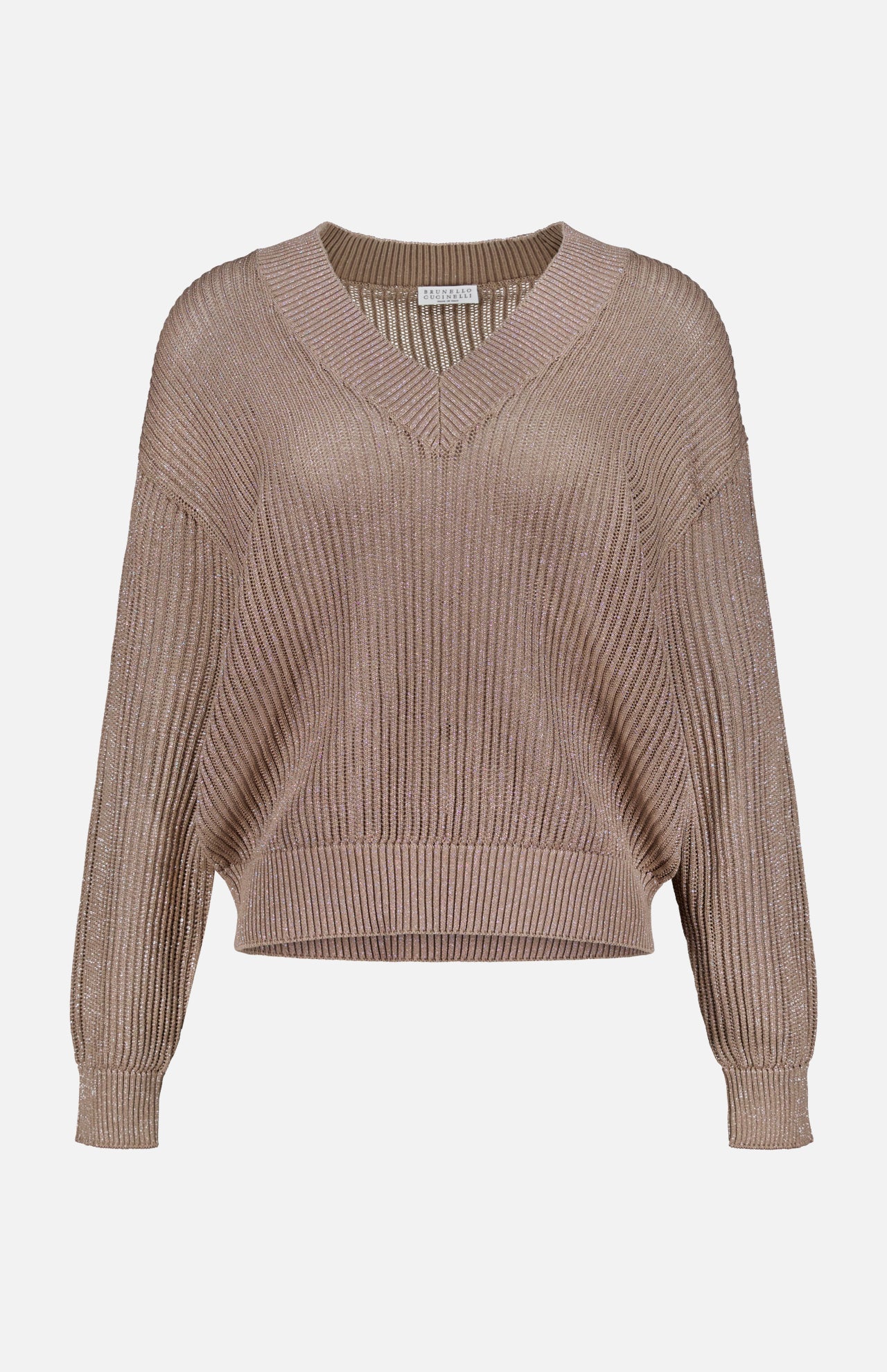 The BRUNELLO CUCINELLI Lurex Cotton Echo Long Sleeve Pullover Sweater features a taupe ribbed lamé cotton knit, V-neckline, and dropped shoulders, shown against a white background.