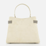 The BRUNELLO CUCINELLI Medium Soft Velour Essence Bag is a beige suede handbag with a structured shape, two short handles, and small gray strap accents, displayed against a white background.