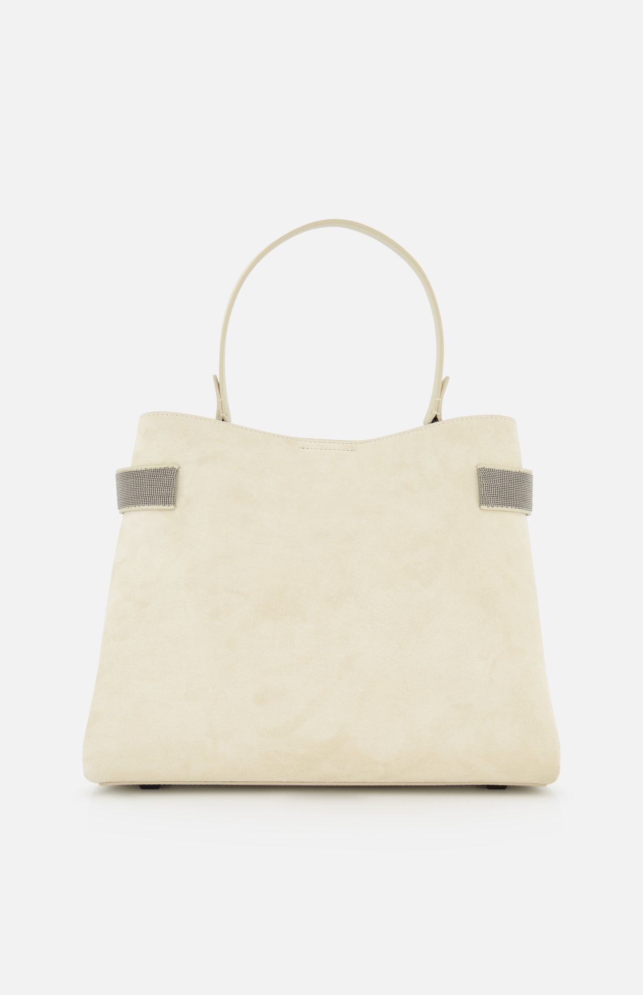 The Medium Soft Velour Essence Bag by BRUNELLO CUCINELLI showcases ivory suede with monili embroidery, a single rounded handle, and two gray side accents, displayed against a plain white background.