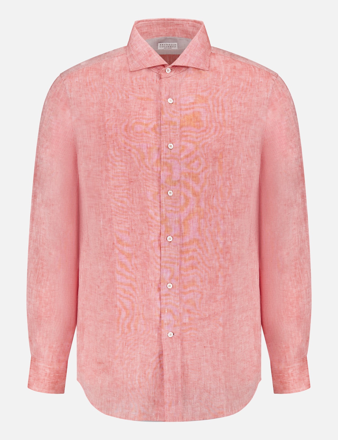 The BRUNELLO CUCINELLI Linen Dress Shirt is a light pink, long-sleeve, button-down shirt with a collar and white buttons, shown on a plain white background.