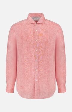 The BRUNELLO CUCINELLI Linen Dress Shirt is a light pink, long-sleeve, button-down shirt with a collar and white buttons, shown on a plain white background.