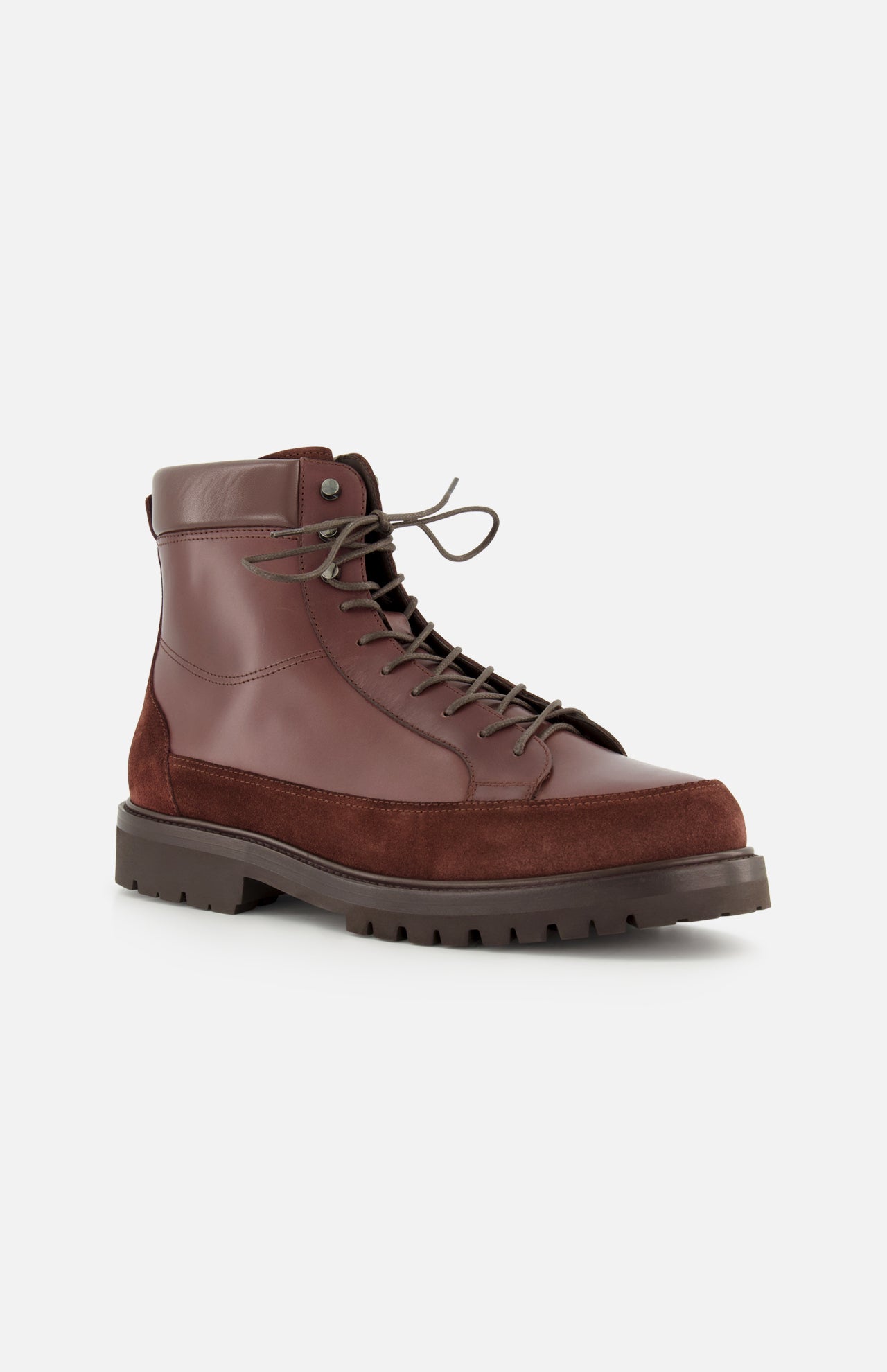 The Leather and Suede Ankle Boots by BRUNELLO CUCINELLI are expertly crafted in Italy, featuring a lace-up design in rich brown leather and suede with a rugged dark rubber sole, shown against a plain white background.