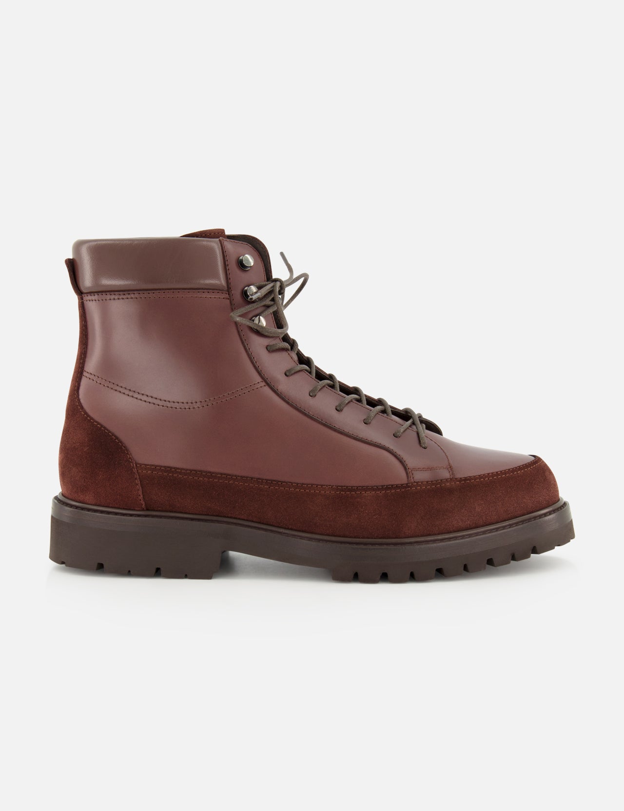A single BRUNELLO CUCINELLI Leather and Suede Ankle Boot, inspired by classic hiking boots and featuring a thick, ridged sole, is shown in profile against a plain white background.