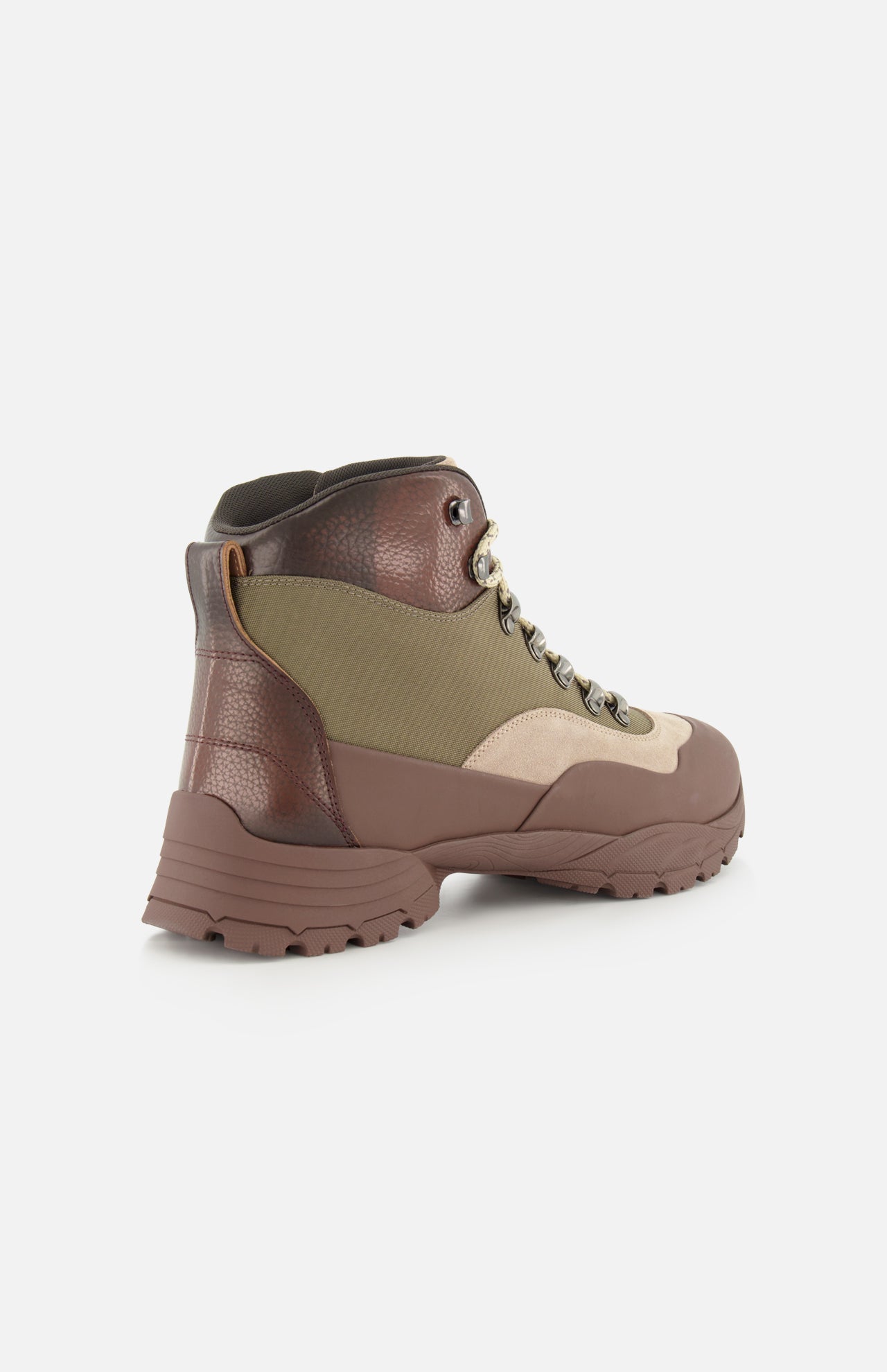 A single BRUNELLO CUCINELLI Ankle Hiker Boot, featuring brown, olive green, and beige suede and leather panels with a rugged sole and lace-up design, is shown from the back-left angle against a white background.
