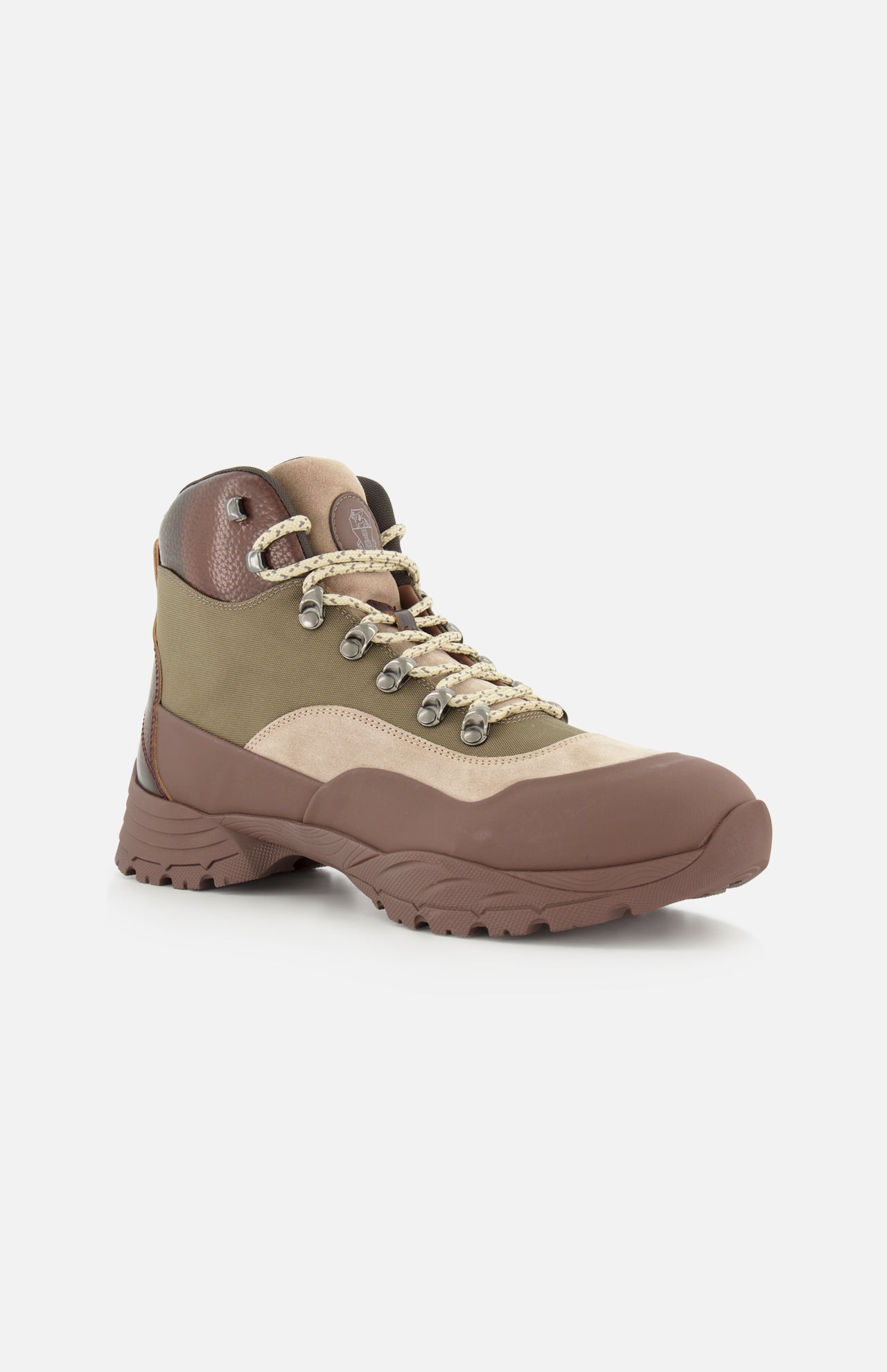 The BRUNELLO CUCINELLI Ankle Hiker Boots feature a blend of brown, tan, and olive green suede and leather with a rugged sole and patterned laces, shown against a white background.