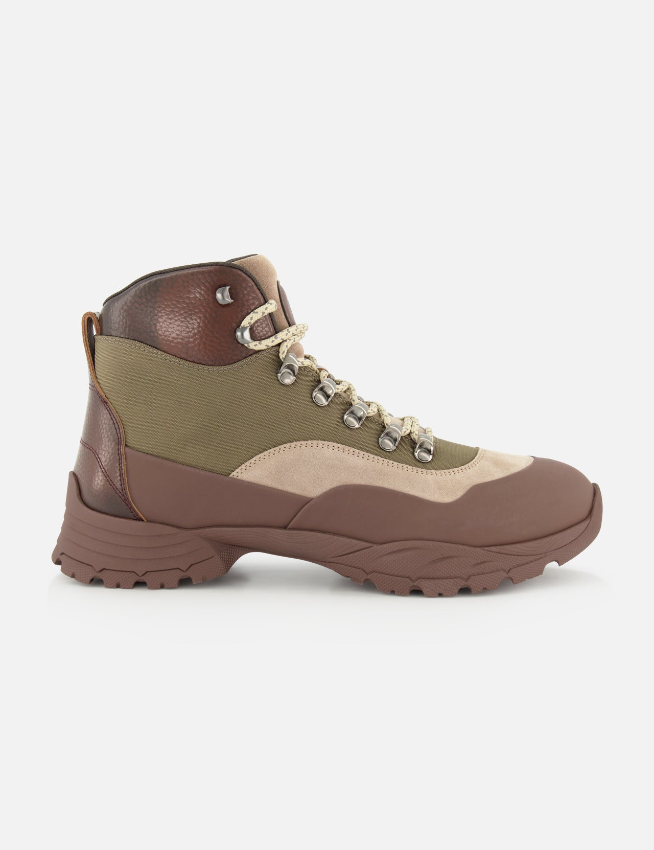 A side view of the BRUNELLO CUCINELLI Ankle Hiker Boots, showcasing brown, tan, and olive green suede and leather panels with a chunky brown sole, metal eyelets, and beige laces against a white background.