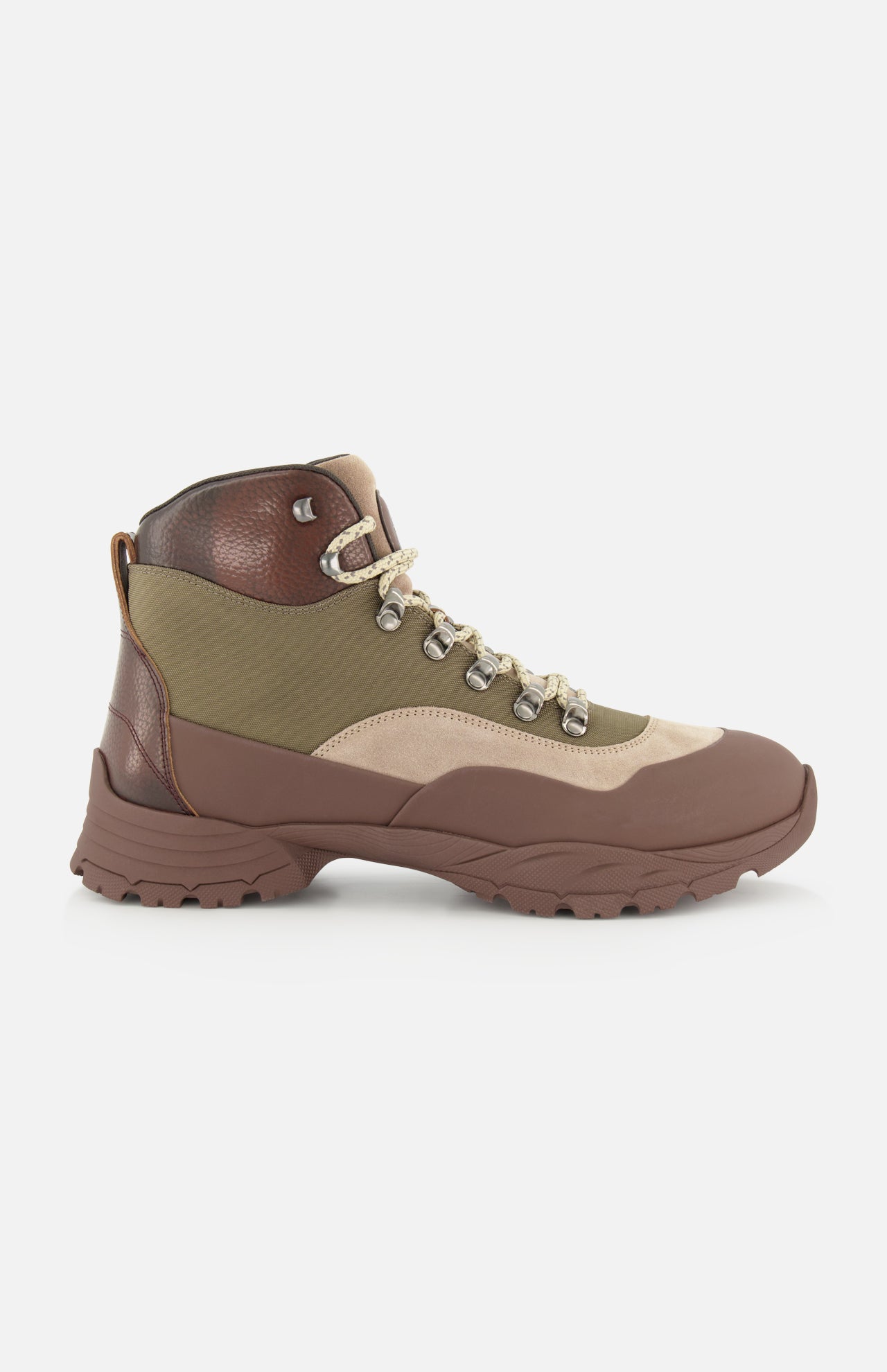 A side view of the BRUNELLO CUCINELLI Ankle Hiker Boots, showcasing brown, tan, and olive green suede and leather panels with a chunky brown sole, metal eyelets, and beige laces against a white background.
