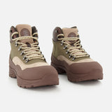 A pair of BRUNELLO CUCINELLI Ankle Hiker Boots in rugged brown and beige suede and leather, featuring thick soles and patterned laces, are positioned side by side on a white background.
