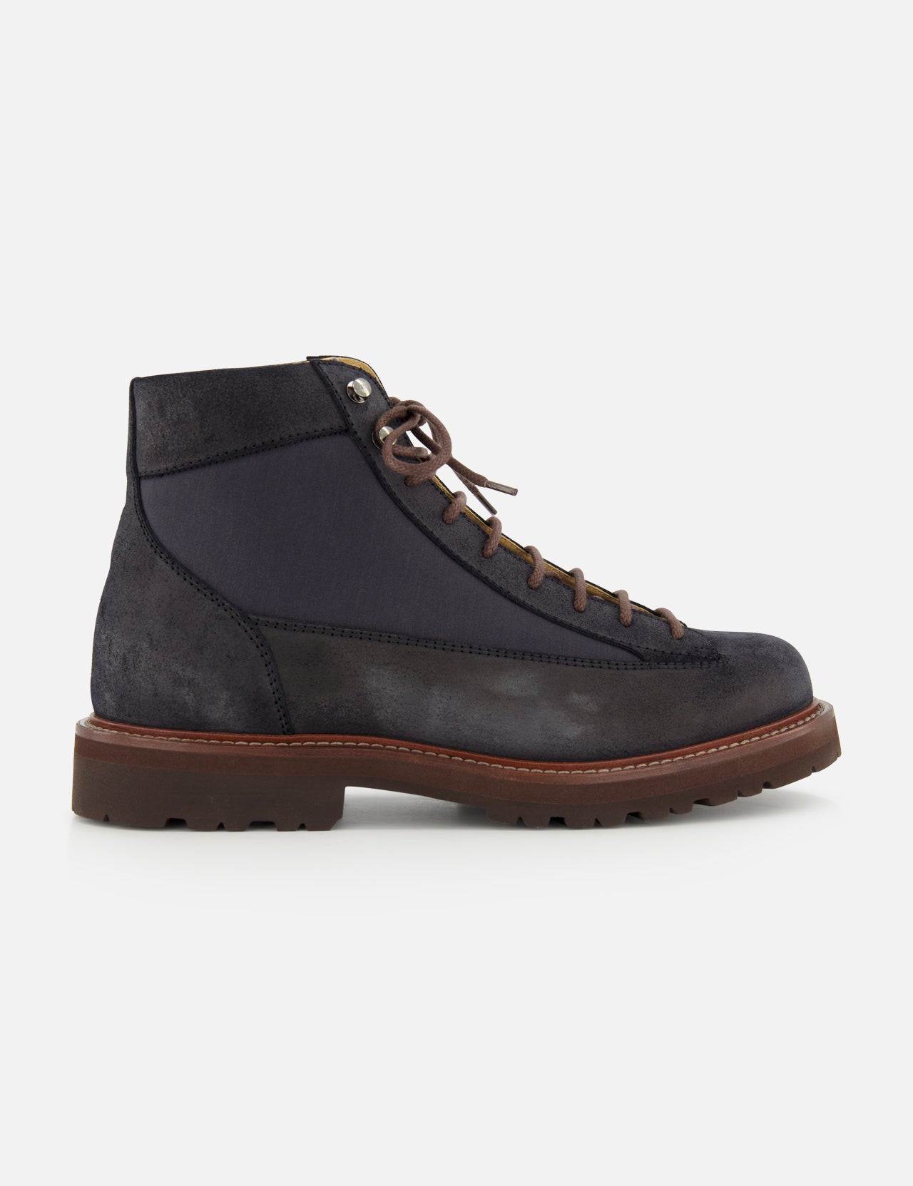 The BRUNELLO CUCINELLI Suede Ankle Boots feature a dark blue and black suede upper in a high-top, lace-up design with brown laces and a thick brown sole, displayed in a side view against a white background.