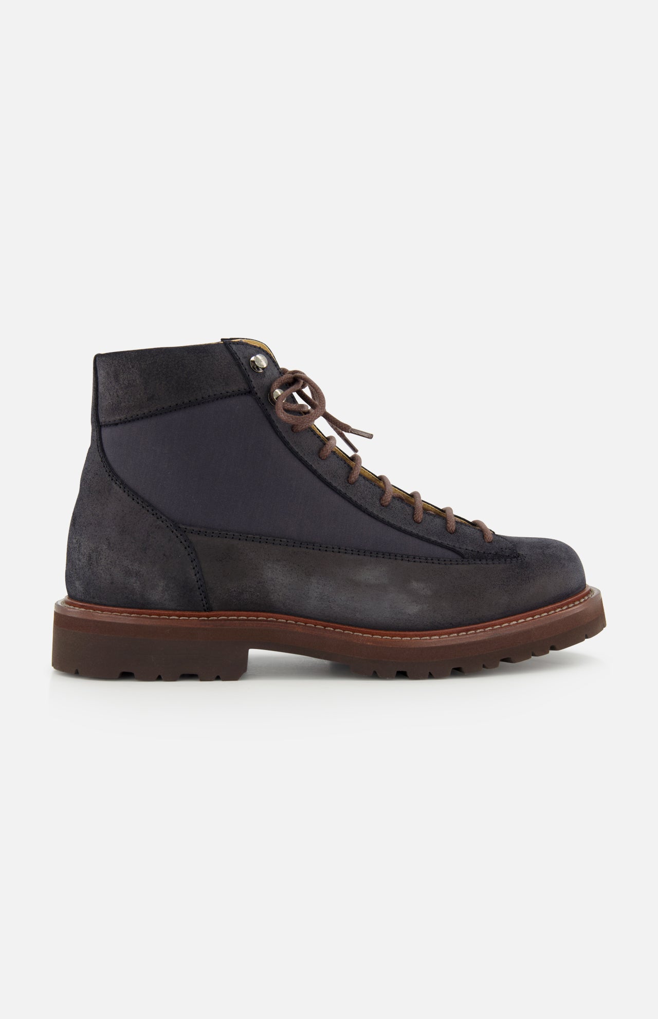 The BRUNELLO CUCINELLI Suede Ankle Boots feature a dark blue and black suede upper in a high-top, lace-up design with brown laces and a thick brown sole, displayed in a side view against a white background.