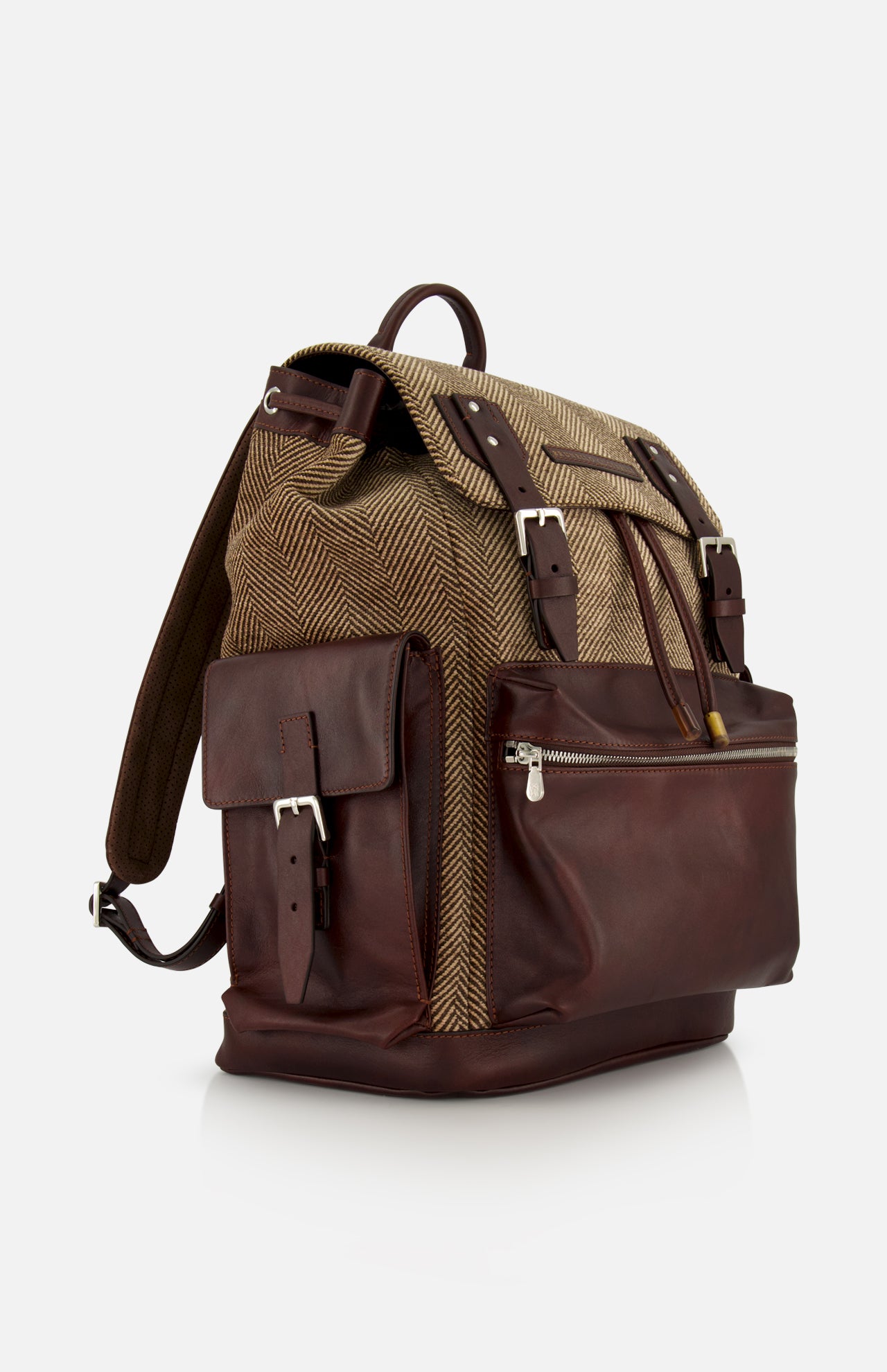 A Vintage Chevron-effect Backpack by BRUNELLO CUCINELLI, featuring brown leather and beige herringbone fabric with multiple pockets, buckles, leather inserts, a top handle, and adjustable shoulder straps, shown on a white background.