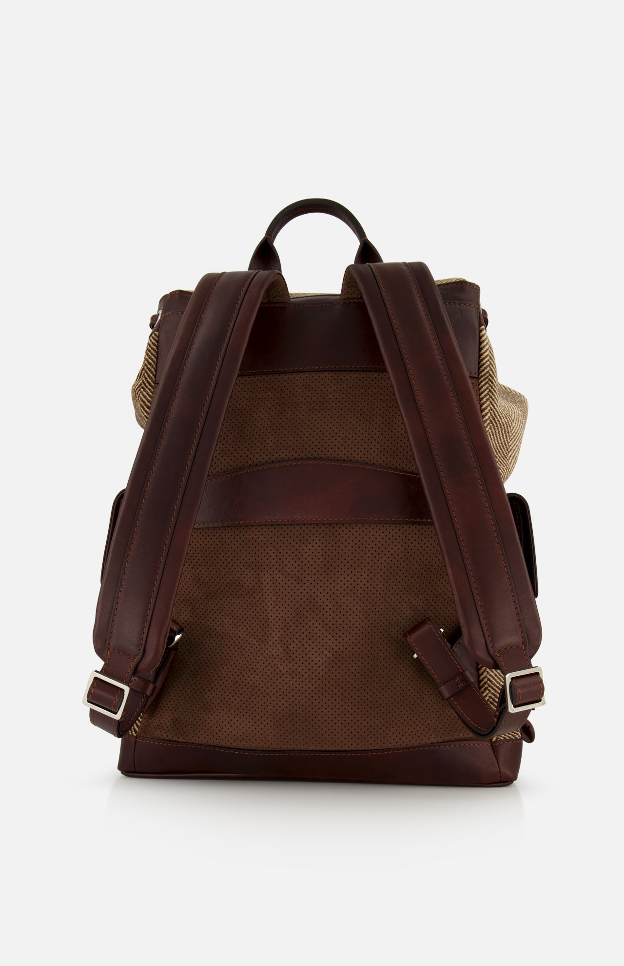 The BRUNELLO CUCINELLI Vintage Chevron-effect Backpack is displayed from the rear against a plain white background, featuring leather straps, a mesh back panel, adjustable shoulder straps, and elegant leather inserts for enhanced comfort and durability.