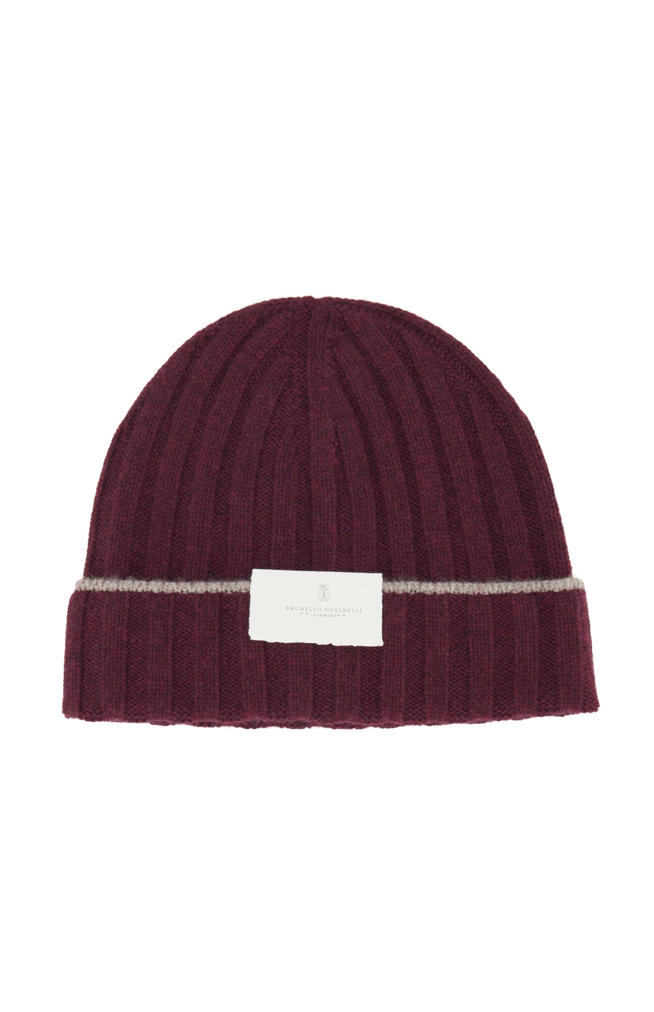 Introducing the Rib-knit Cashmere Beanie by BRUNELLO CUCINELLI: a stylish burgundy hat crafted in a classic rib-knit design for added texture and warmth, featuring a folded brim with a thin gray stripe above it and finished with a white rectangular label on the front.