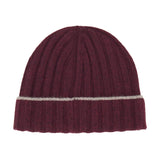 The BRUNELLO CUCINELLI Rib-knit Cashmere Beanie is a maroon hat with a classic rib-knit design for added texture and warmth, featuring a folded brim and accented by a single thin gray stripe running horizontally above the brim.