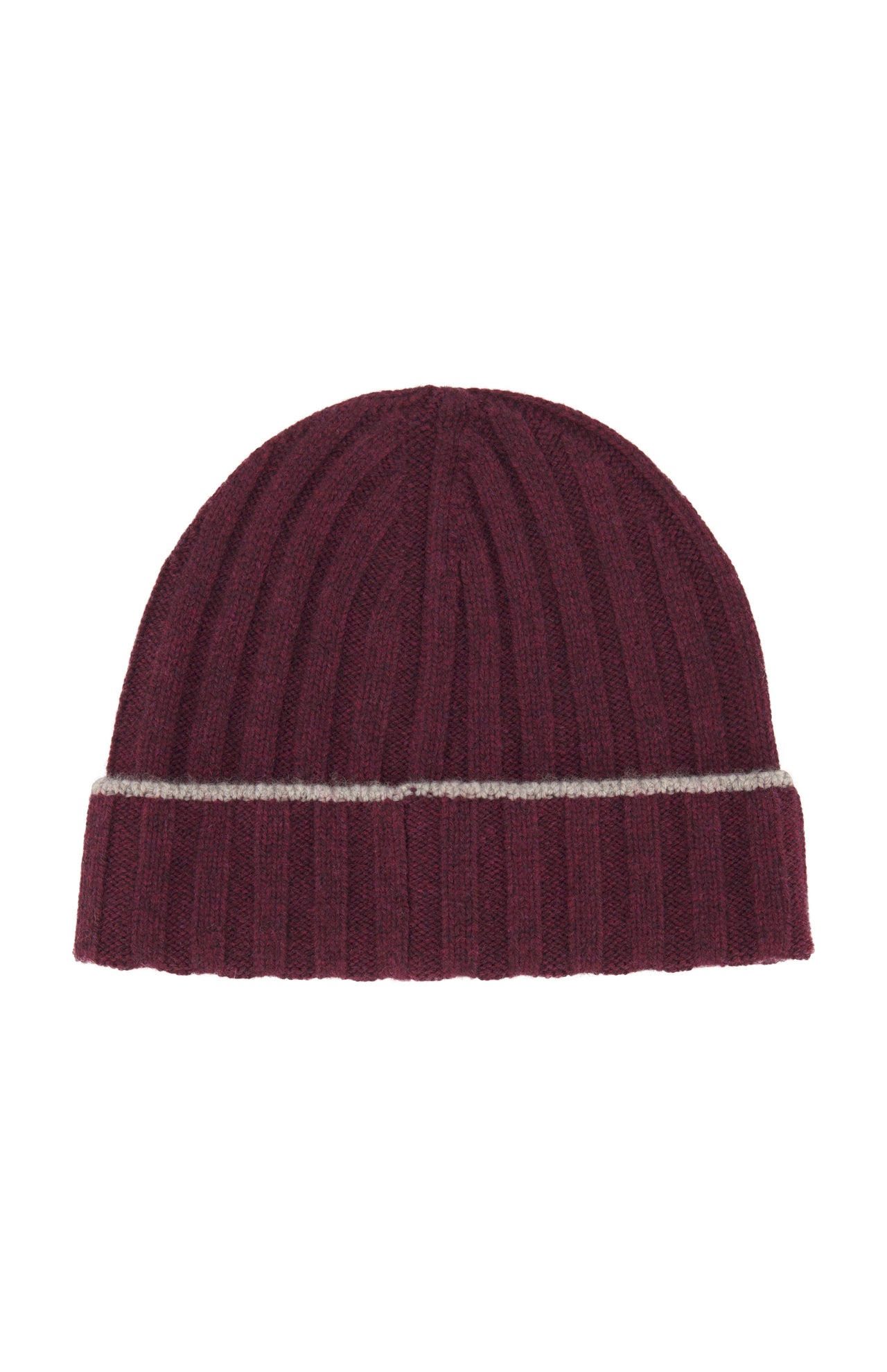 The BRUNELLO CUCINELLI Rib-knit Cashmere Beanie is a maroon hat with a classic rib-knit design for added texture and warmth, featuring a folded brim and accented by a single thin gray stripe running horizontally above the brim.