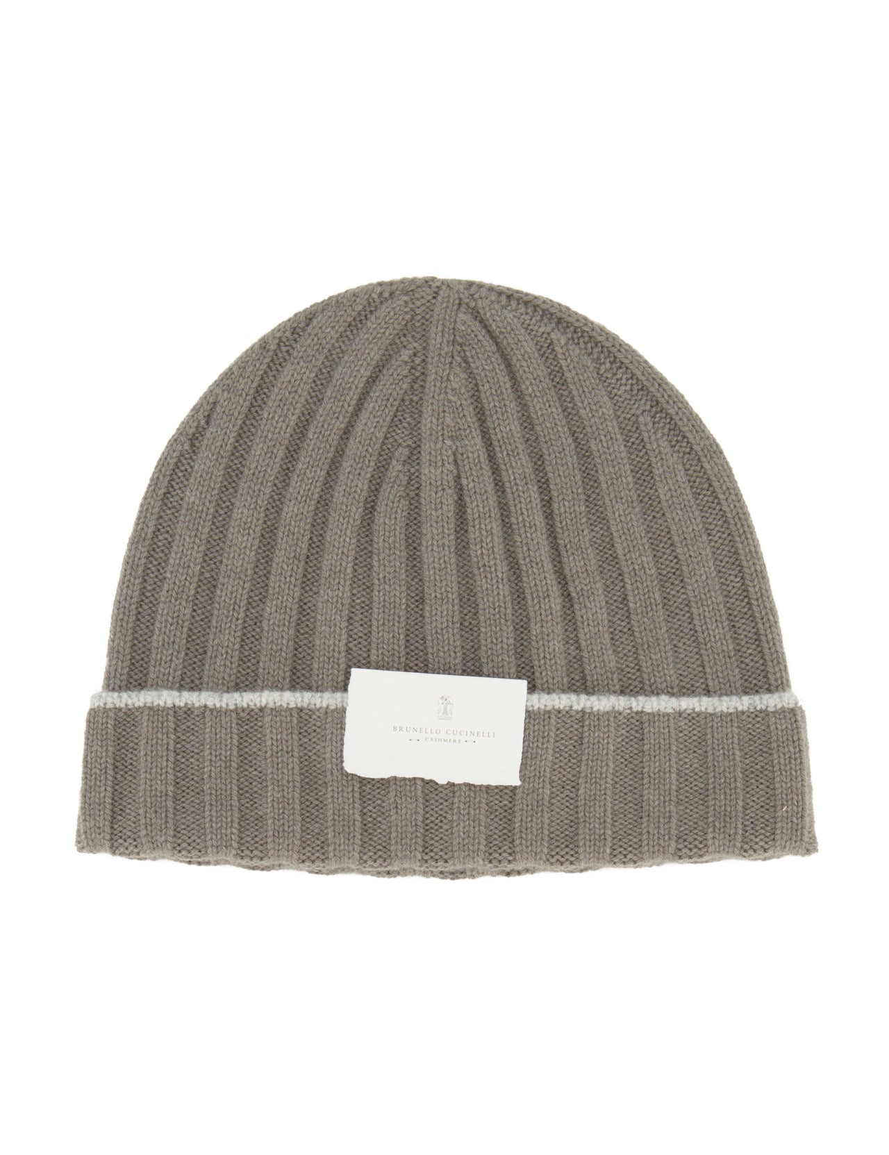 The Rib-knit Cashmere Beanie by BRUNELLO CUCINELLI features vertical ribbing in gray, a thin white stripe near the folded cuff, and a white rectangular label on the front.