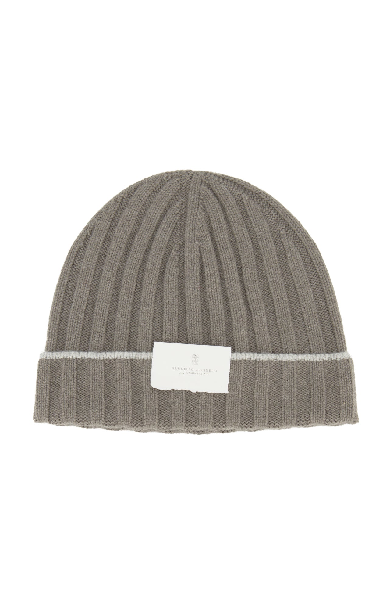 The Rib-knit Cashmere Beanie by BRUNELLO CUCINELLI features vertical ribbing in gray, a thin white stripe near the folded cuff, and a white rectangular label on the front.