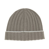 The BRUNELLO CUCINELLI Rib-knit Cashmere Beanie is a grey cashmere hat with a rib-knit design, featuring a folded brim and a single horizontal white stripe near the base, shown against a white background.