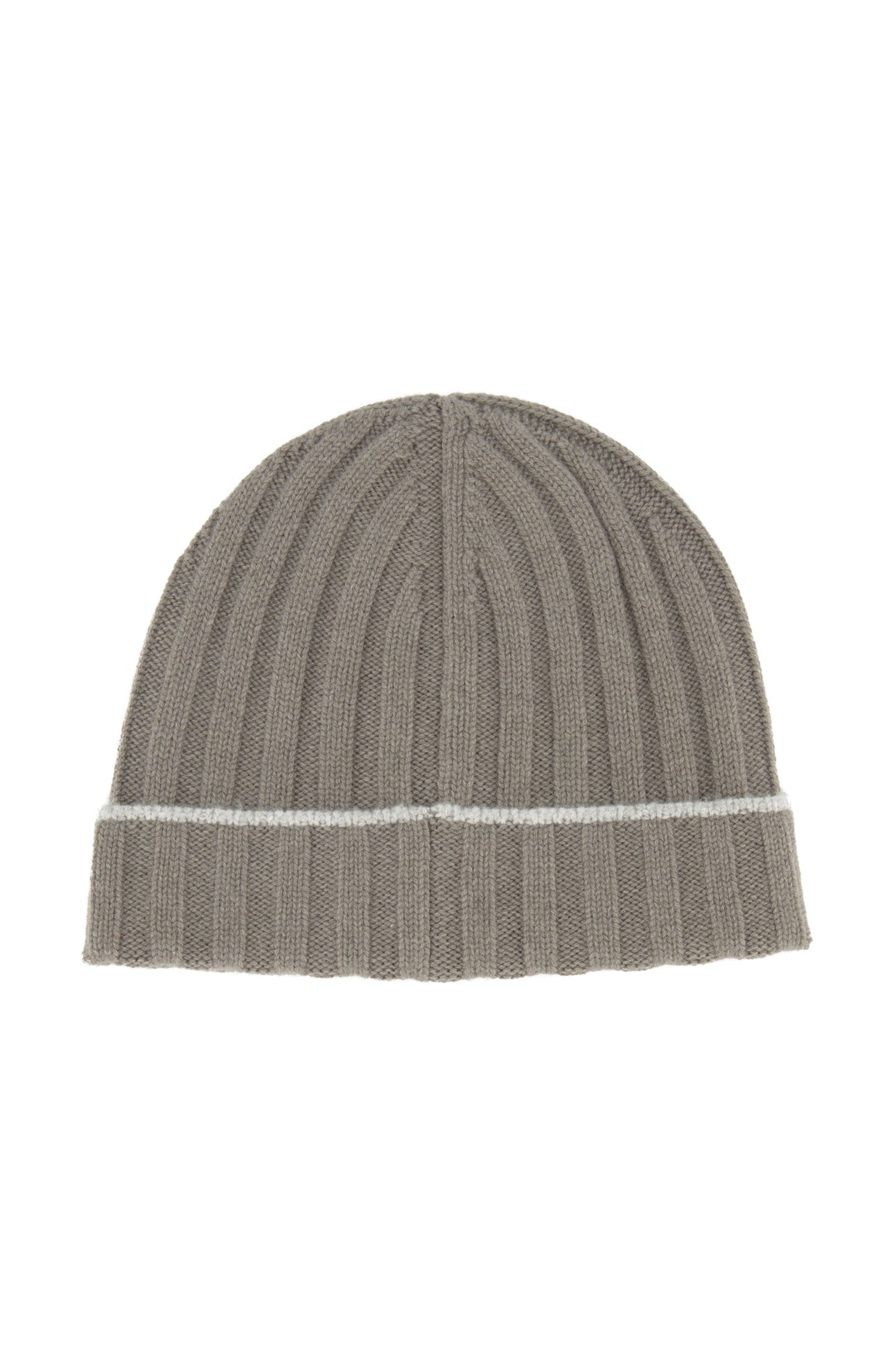 The BRUNELLO CUCINELLI Rib-knit Cashmere Beanie is a grey cashmere hat with a rib-knit design, featuring a folded brim and a single horizontal white stripe near the base, shown against a white background.