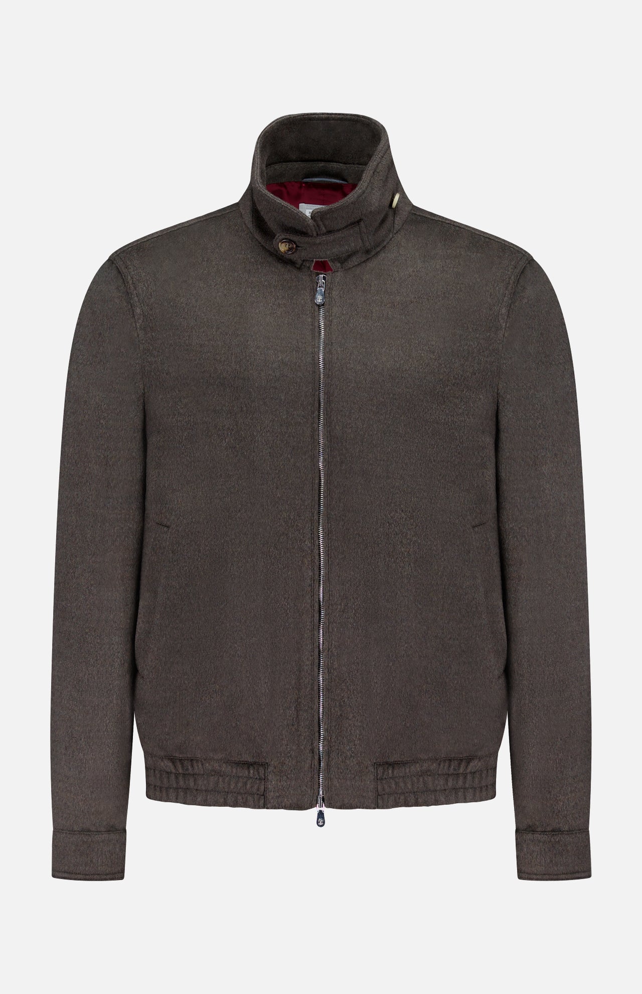 The BRUNELLO CUCINELLI Wool Bomber Jacket features a dark brown hue, expertly crafted from luxurious virgin wool. Designed with a zip-up front, high collar, button detail, and two side pockets, this refined outerwear staple draws inspiration from Brunello Cucinelli’s signature style and is displayed against a plain white background.