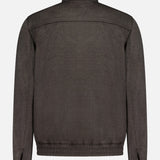 A back view of the BRUNELLO CUCINELLI Wool Bomber Jacket in dark gray, showcasing a straight collar, long sleeves with buttoned cuffs, and a clean hem. The fabric has a subtle texture with no visible logos or patterns, embodying the refined minimalism characteristic of Brunello Cucinelli’s designs.