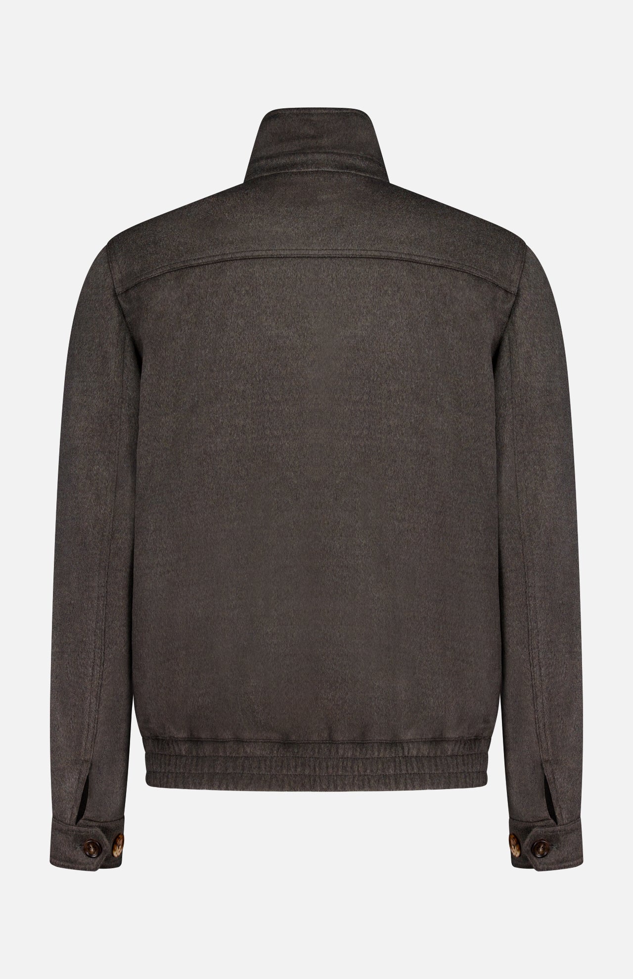 A back view of the BRUNELLO CUCINELLI Wool Bomber Jacket in dark gray, showcasing a straight collar, long sleeves with buttoned cuffs, and a clean hem. The fabric has a subtle texture with no visible logos or patterns, embodying the refined minimalism characteristic of Brunello Cucinelli’s designs.