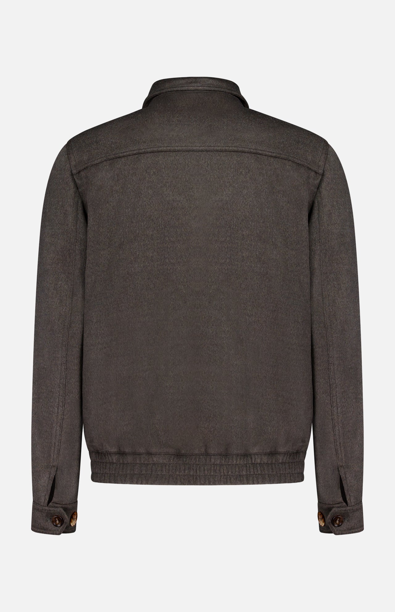 A back view of the BRUNELLO CUCINELLI Wool Bomber Jacket in dark gray, featuring long sleeves, a collar, and buttoned cuffs, crafted in classic virgin wool bomber style and displayed against a plain white background.