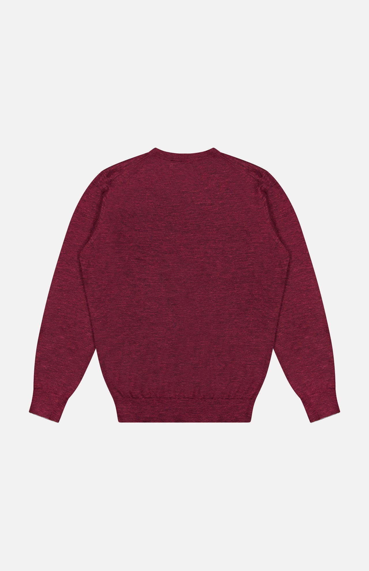 A BRUNELLO CUCINELLI Cashmere-blend Long Sleeve Sweater in rich burgundy is laid flat on a white background, displayed from the back.