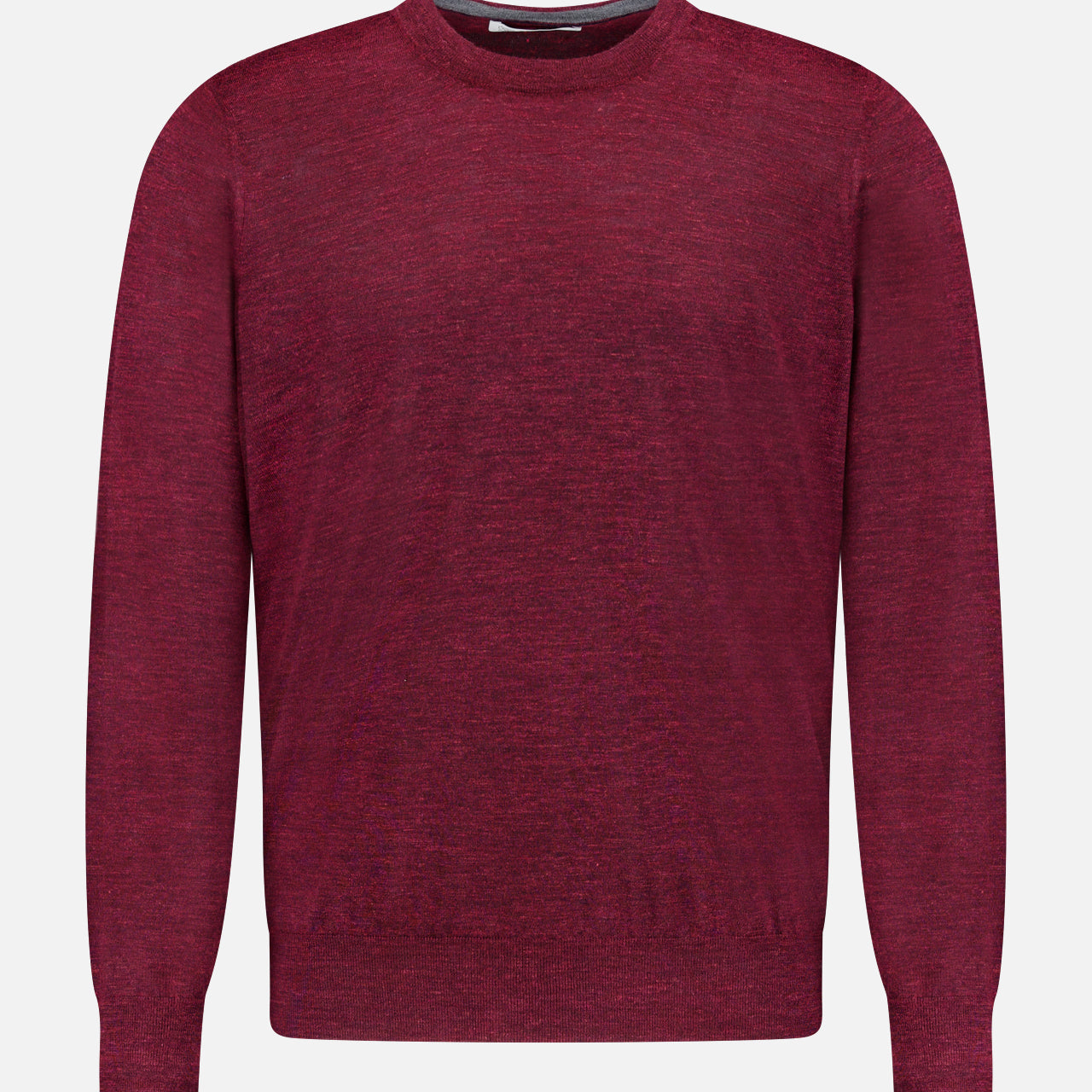 The BRUNELLO CUCINELLI Cashmere-blend Long Sleeve Sweater, crafted in classic burgundy knit, is featured on a white background. This men’s pullover combines timeless style with luxurious comfort.