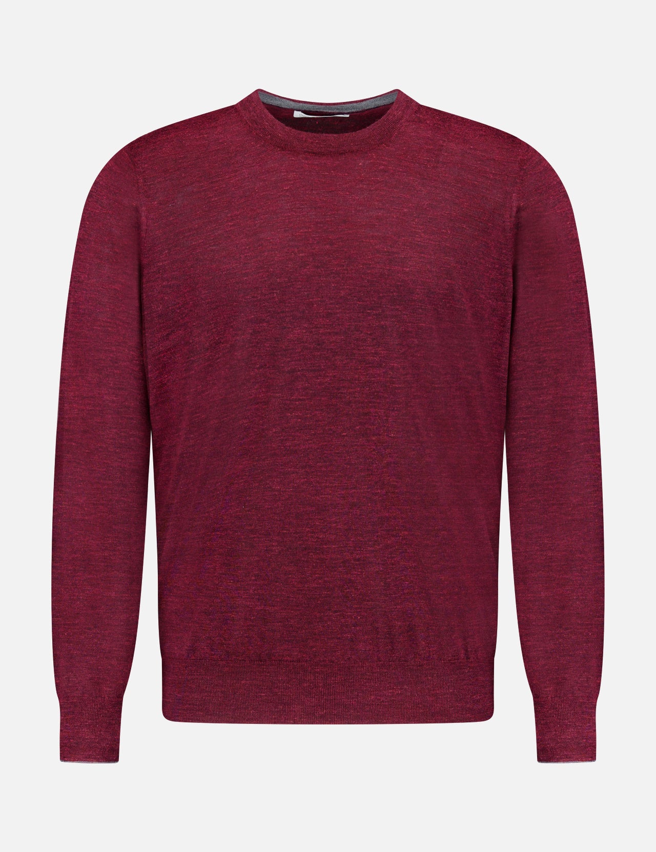 The BRUNELLO CUCINELLI Cashmere-blend Long Sleeve Sweater, crafted in classic burgundy knit, is featured on a white background. This men’s pullover combines timeless style with luxurious comfort.